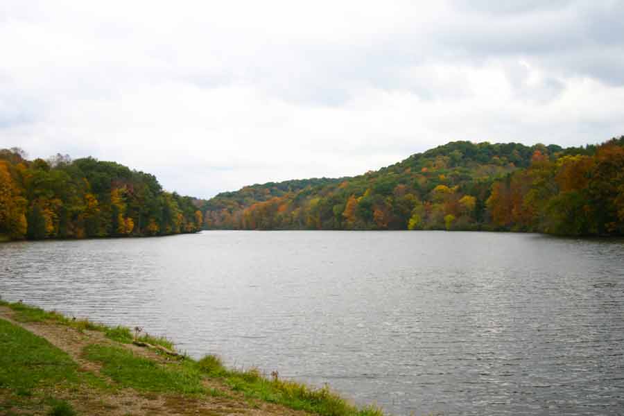 lake surrounded by fall colors
