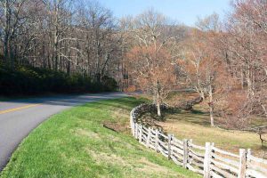 A wooden fence follows a curve in the parkway.