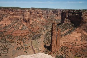 Two pillars stand in the middle of the canyon.
