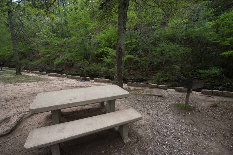 picnic table near stream