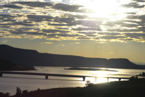 sunset reflects in the reservoir