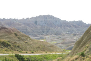 the road winds through the Badlands