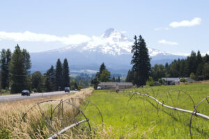 view of Mount Hood from a farm