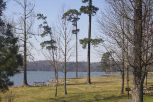 picnic tables by the lake