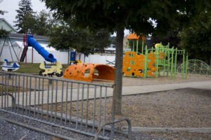 bike rack in front of playground