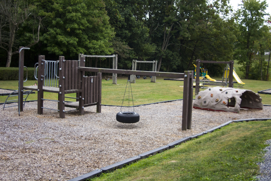 tire swing and wooden playground