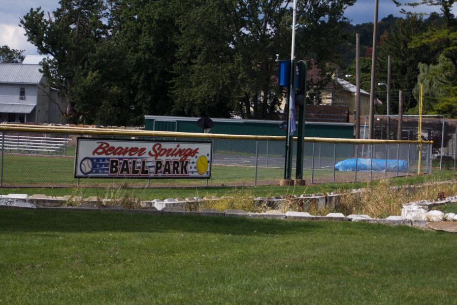 sign on fence says Beaver Springs Ball Park