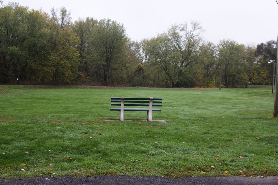 a bench beside a grassy field