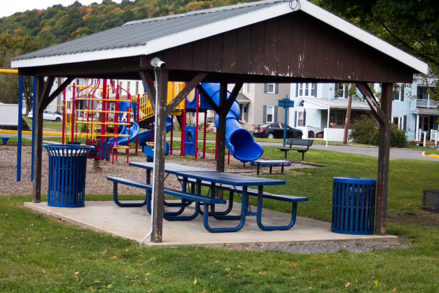 pavilion with two picnic tables and two trash cans