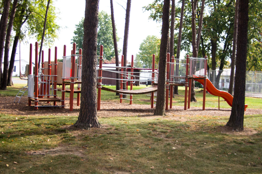 playground with wooden bridge, slide and monkey bars, etc.