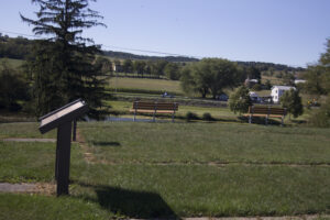 benches overlooking stream