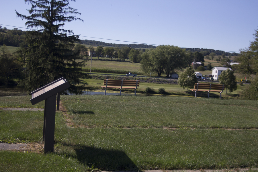 benches overlooking stream