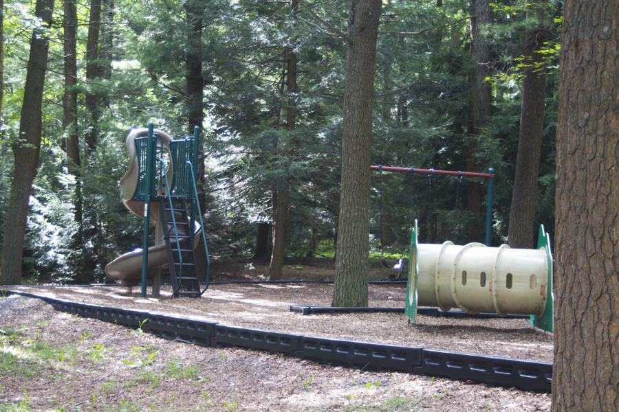 slide, swings, and tube to crawl through
