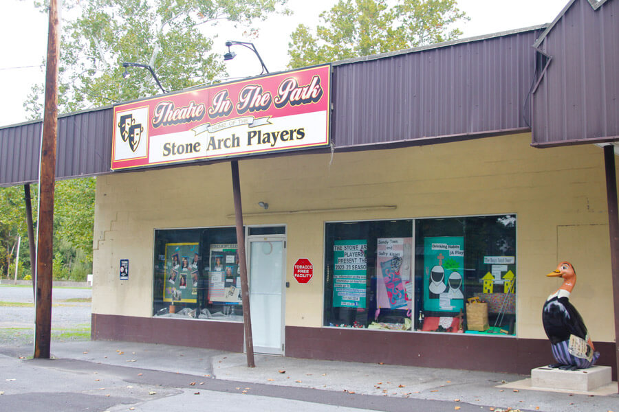 sign says "Theatre in the Park, Stone Arch Players"