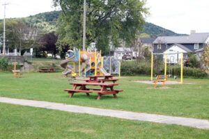 picnic tables, benches, and playground