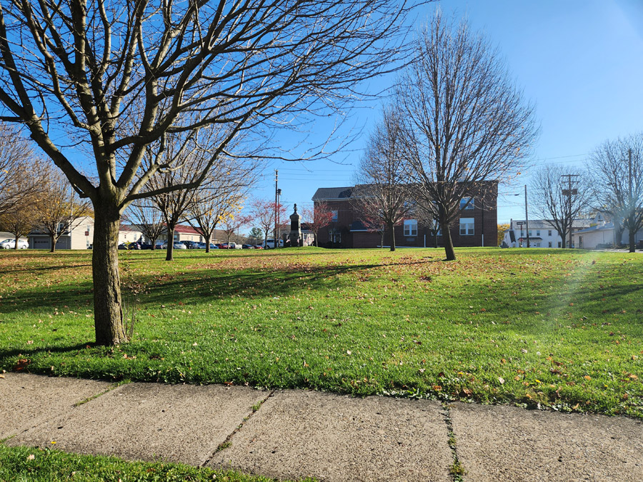 grassy field in front of statue