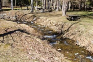 picnic table and grill by the stream