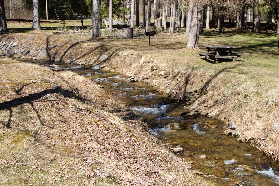picnic table and grill by the stream