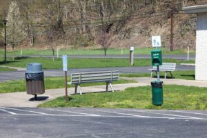 benches, pet waste bags, and a trash can