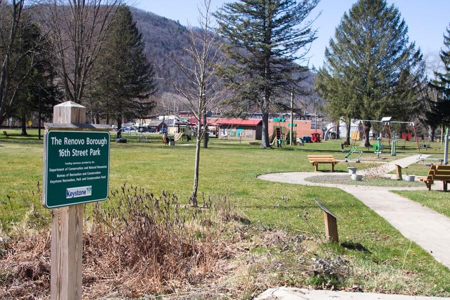 sign says "Renovo Borough 16th Street Park"