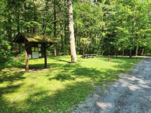 bulletin board and picnic tables