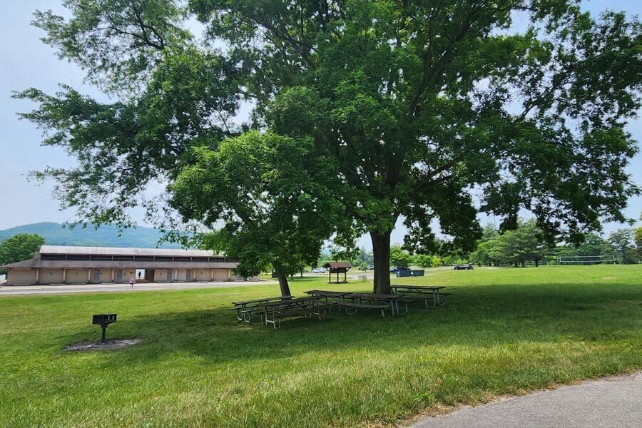 group of picnic tables with a grill