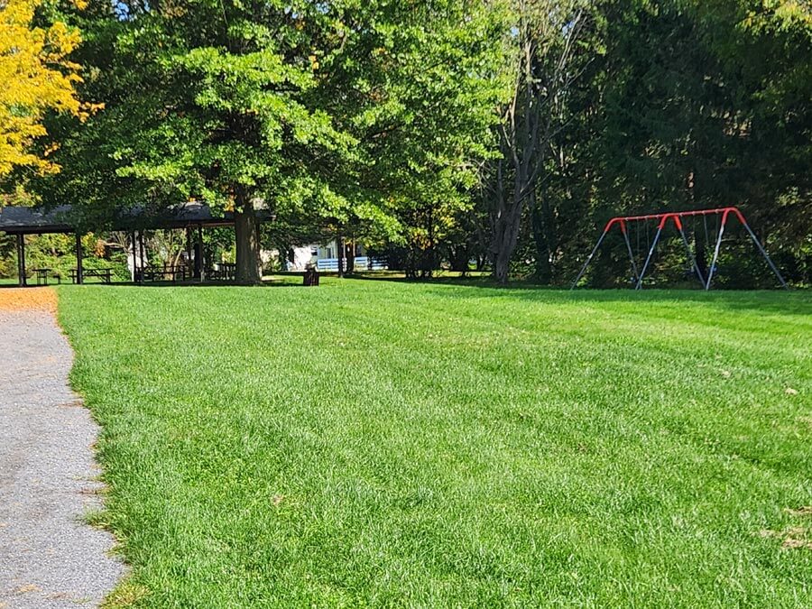 swings and pavilion with picnic tables