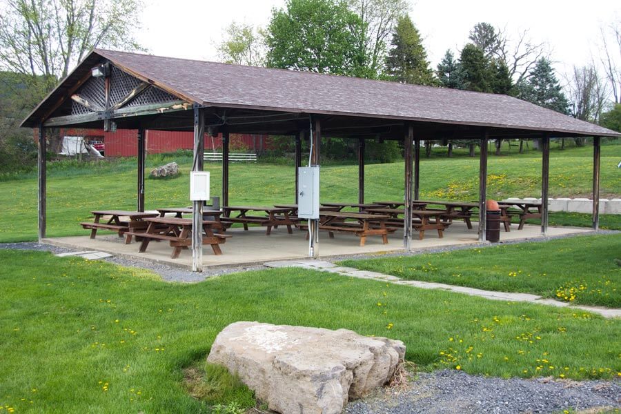 pavilion with picnic tables.