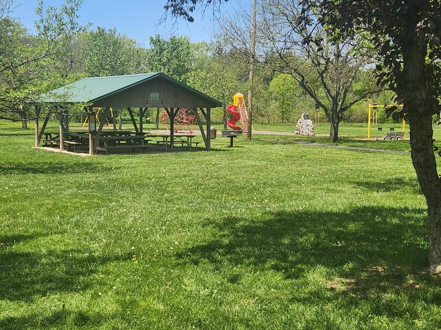 pavilion with picnic tables.