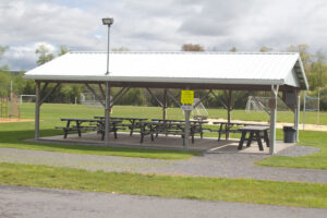 pavilion with picnic tables.