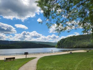 lake beach under a beautiful blue sky.