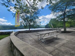 picnic tables on patio.