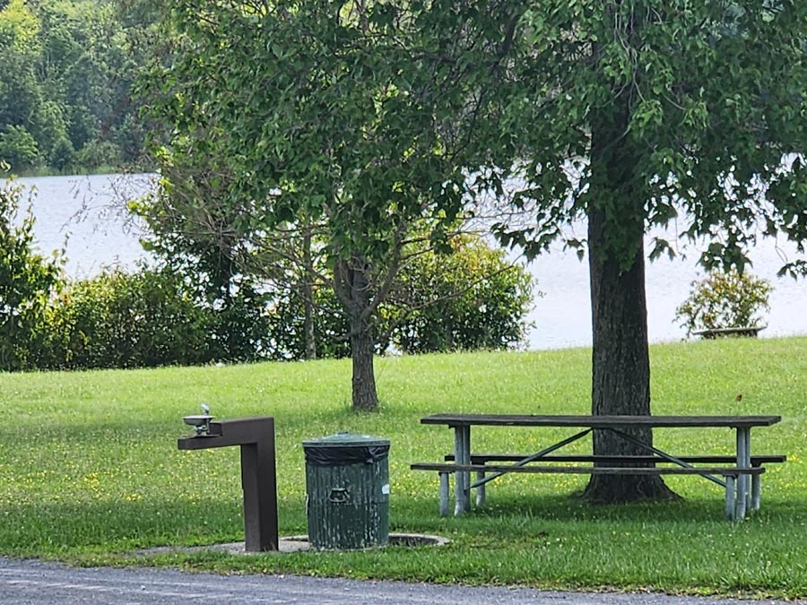 picnic table, trash can, and water fountain.