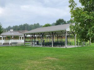 pavilion with picnic tables.