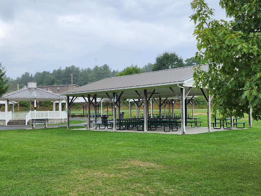pavilion with picnic tables.