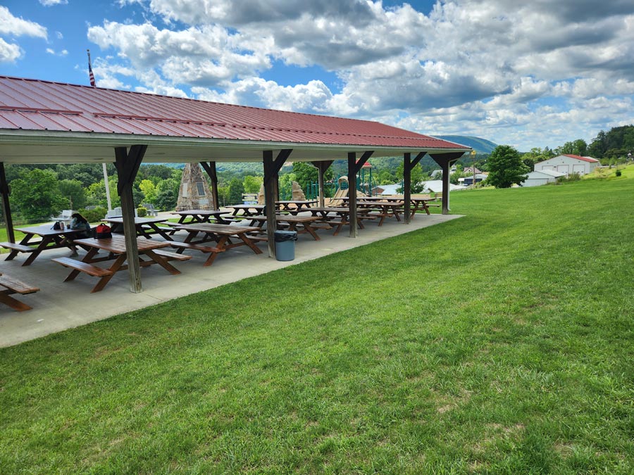 pavilion with picnic tables.