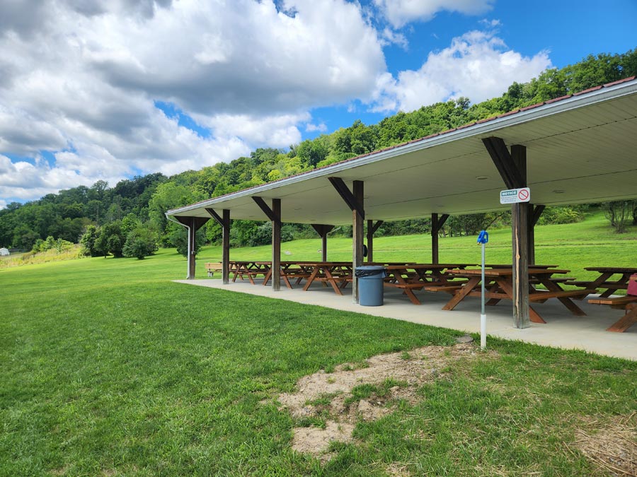 pavilion with picnic tables.
