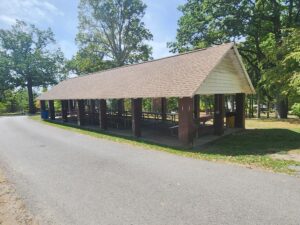 large pavilion with picnic tables.