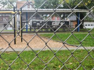 pavilion with picnic tables.