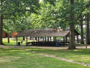 pavilion with picnic tables.