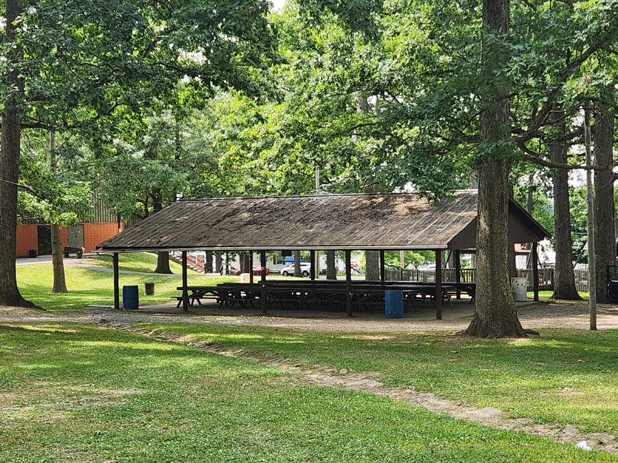 pavilion with picnic tables.