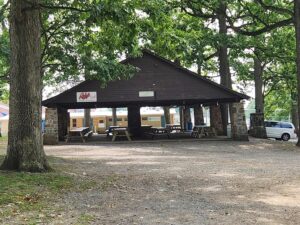 pavilion with picnic tables.