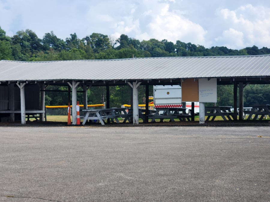pavilion with picnic tables.