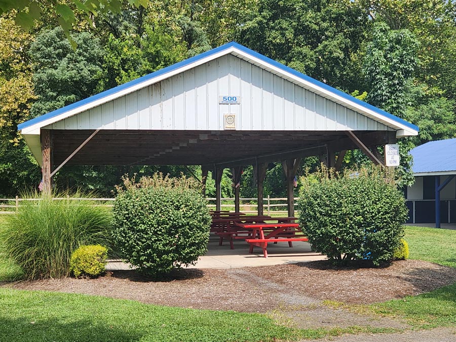 pavilion with picnic tables.