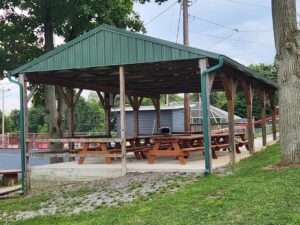 pavilion with picnic tables.