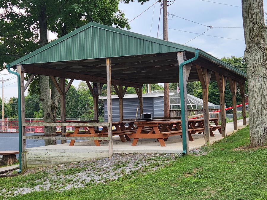 pavilion with picnic tables.