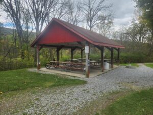 pavilion with picnic tables.