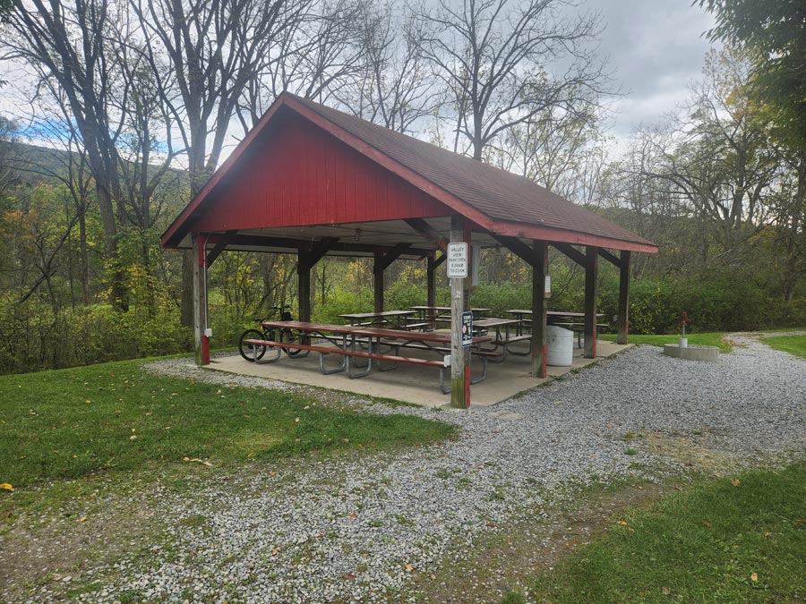 pavilion with picnic tables.