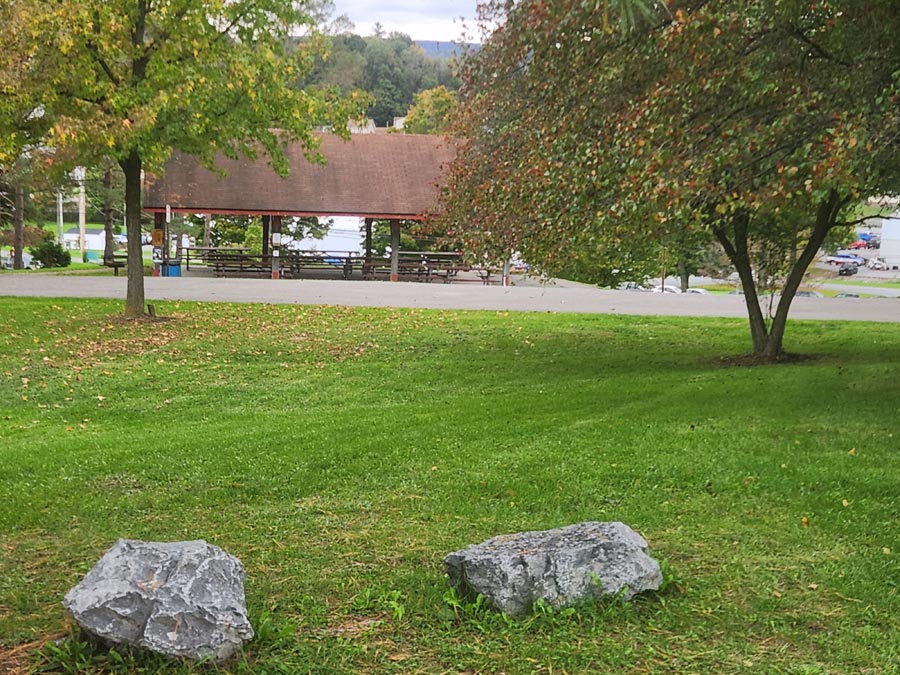 pavilion with picnic tables.