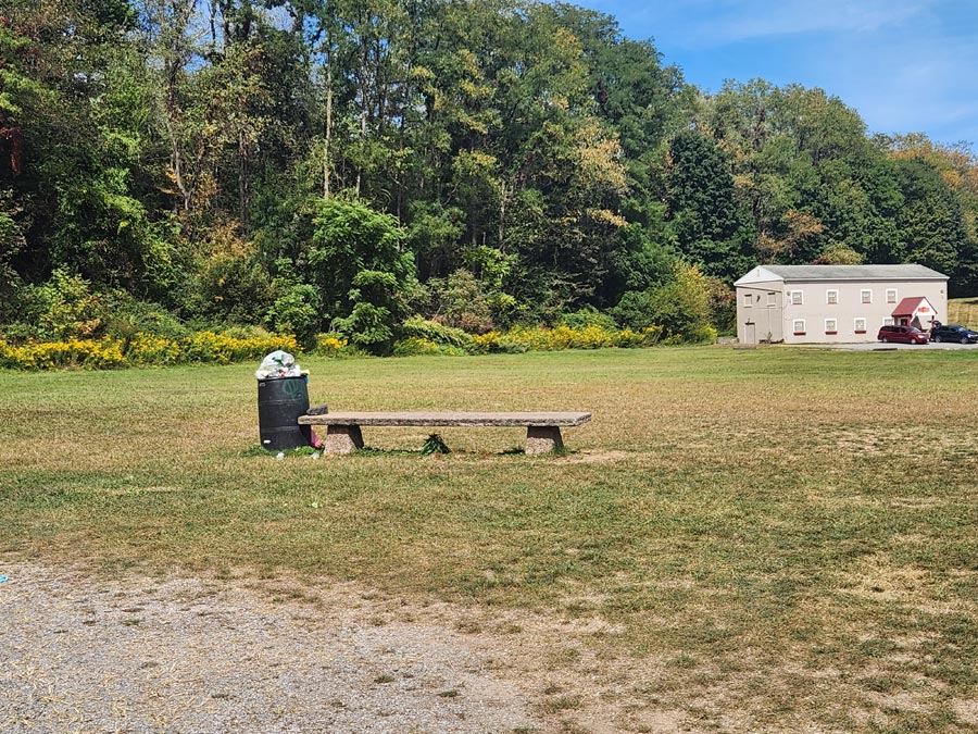 empty lot with a bench and trash can.